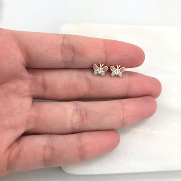 18K Gold Layered Oro Laminado Pink & White Enamel Butterfly Design Plugs Kids Earrings 21.0185/7